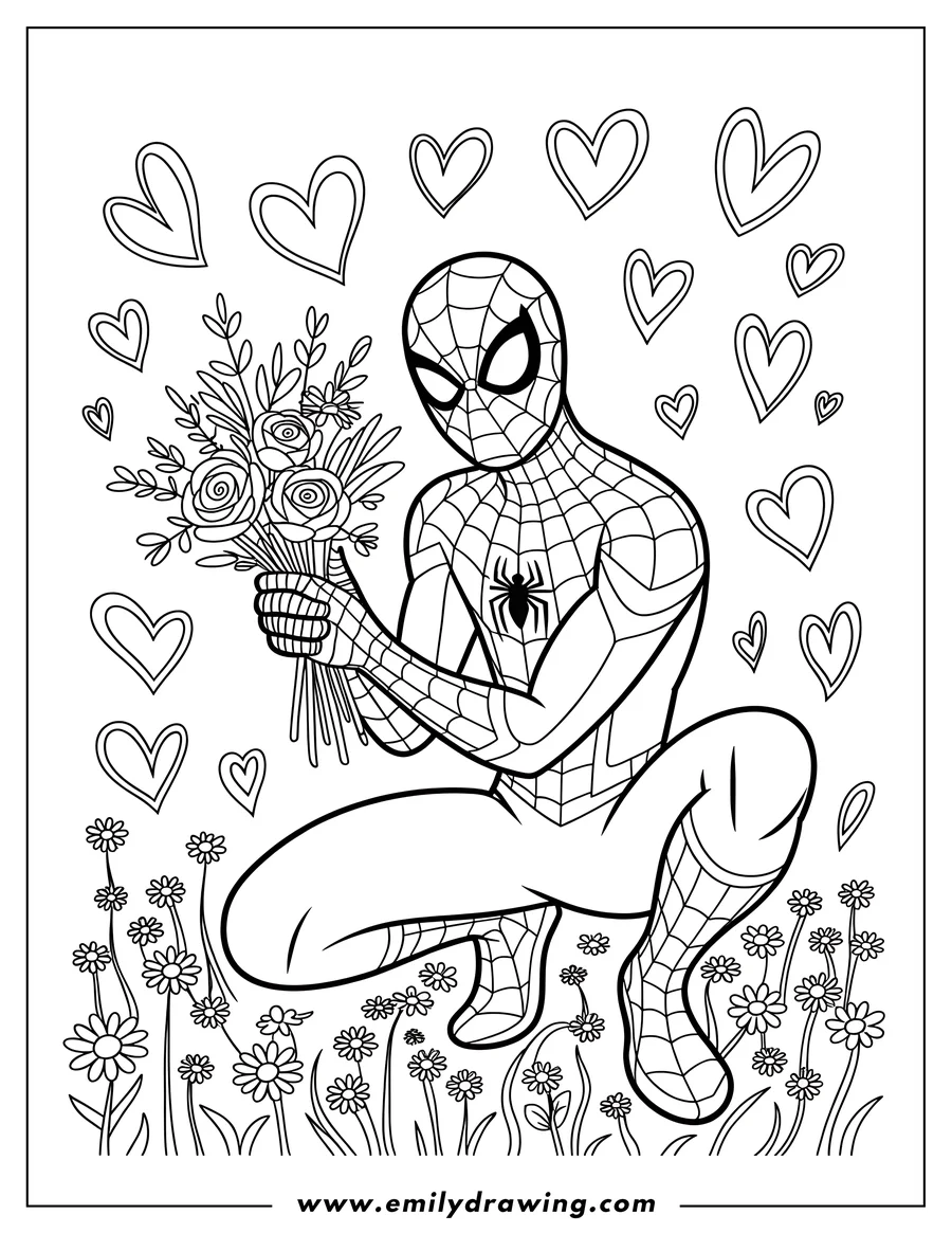 Line art of Spider-Man crouching and holding a bouquet of flowers in a field of daisies, with hearts floating in the background.
