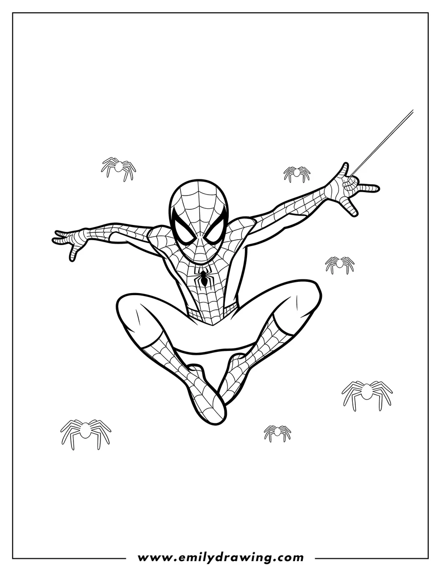 Line art of Spider-Man soaring through the air, shooting a web, surrounded by small spiders.