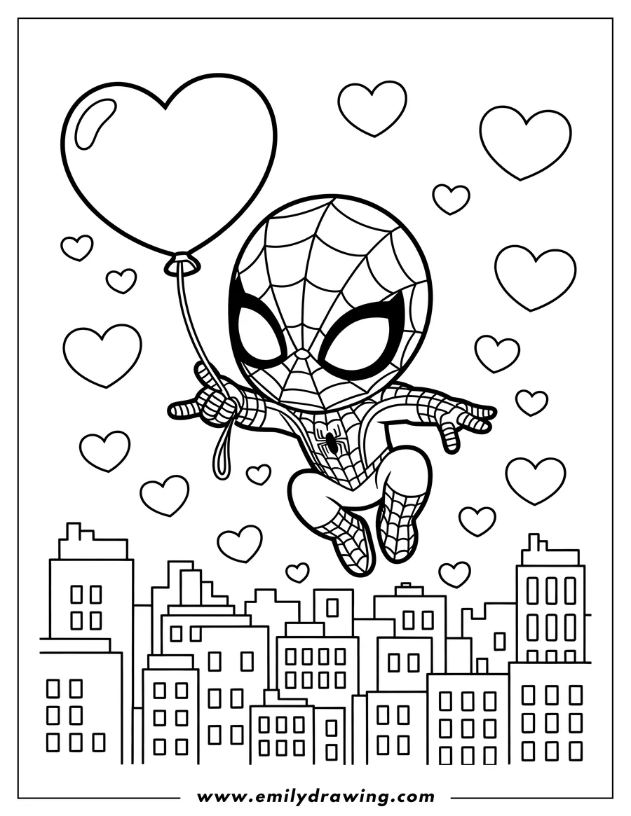 Outline of Spider-Man holding a heart-shaped balloon and soaring above a cityscape.