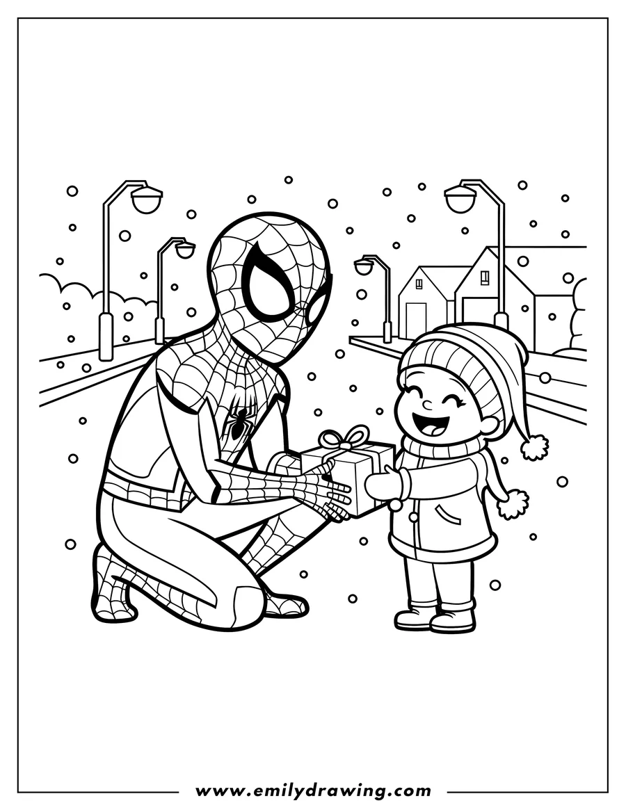 Spider-Man gives a present to a small child. The two are outside and snow is falling around them. The child wears a warm hat and jacket and is smiling brightly while they receive the gift.