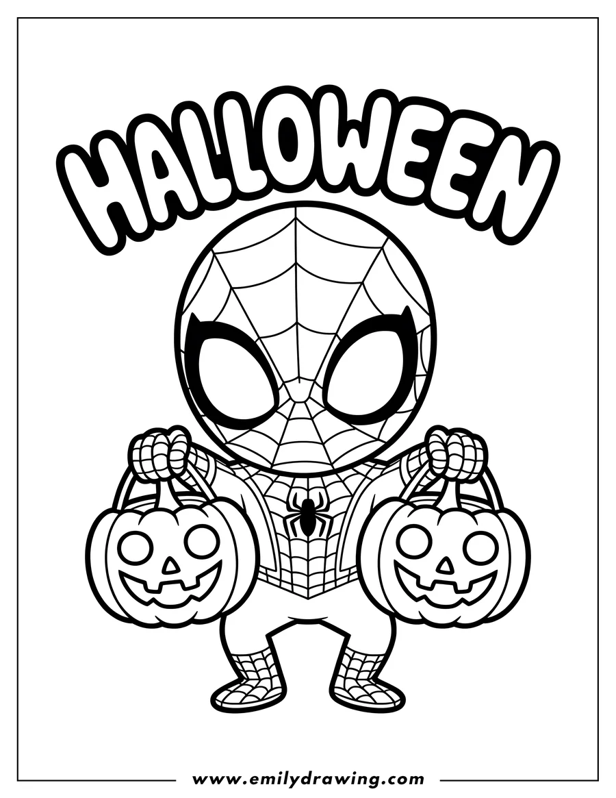 Line art of Spider-Man holding two Halloween pumpkins. He is ready for trick-or-treating!