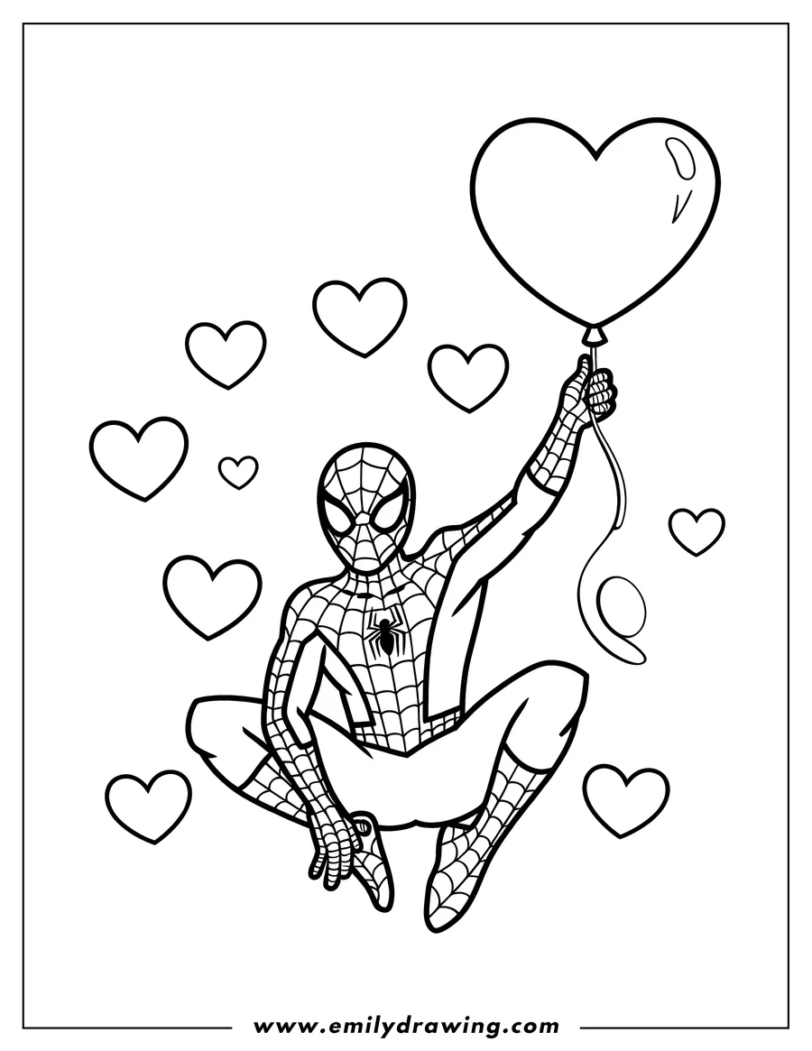 Outline of Spider-Man holding a heart-shaped balloon, surrounded by smaller hearts.