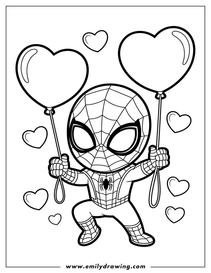 Outline of Spider-Man holding two heart-shaped balloons, surrounded by small hearts.