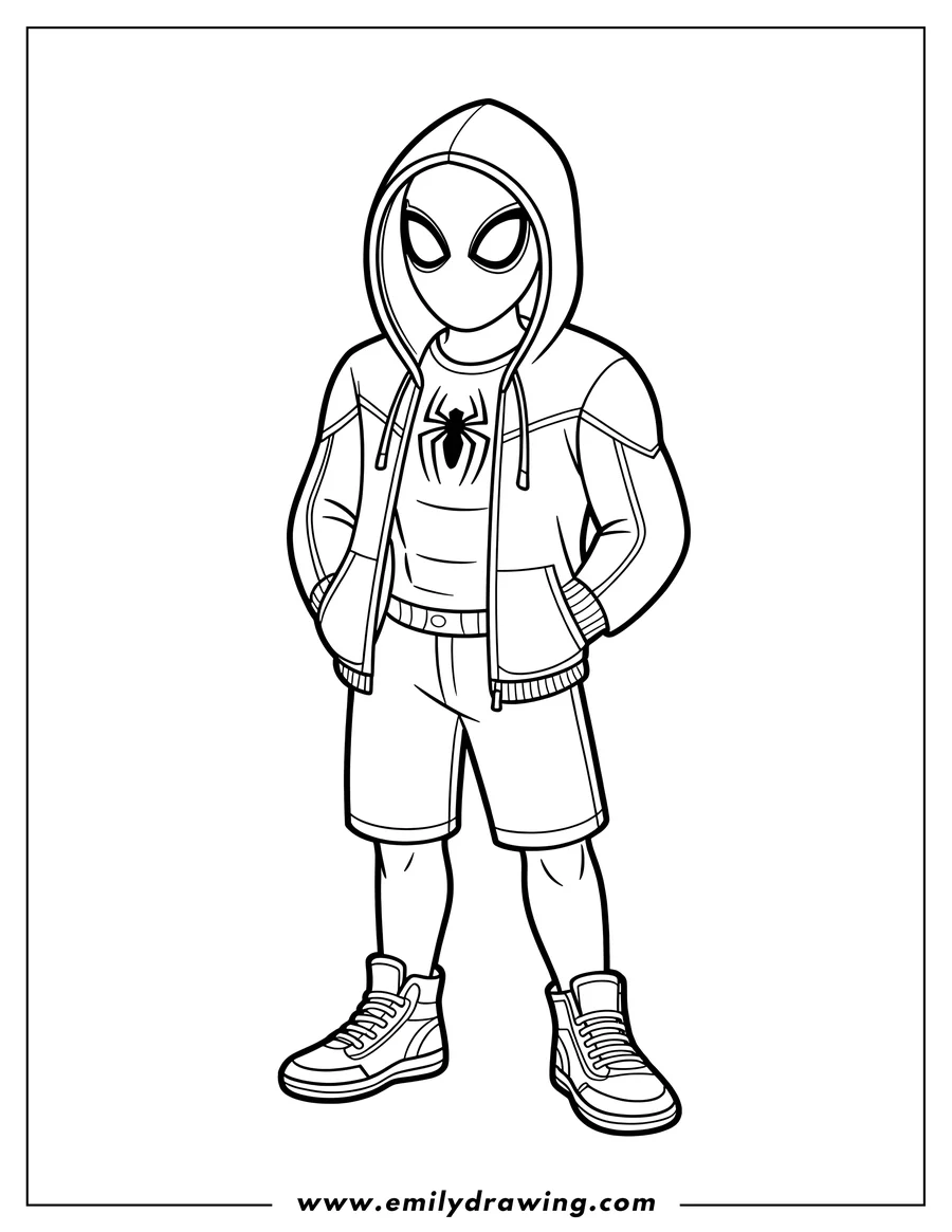 Line art of Spider-Man wearing a hoodie, shorts, and sneakers. He has a spider logo on his shirt.