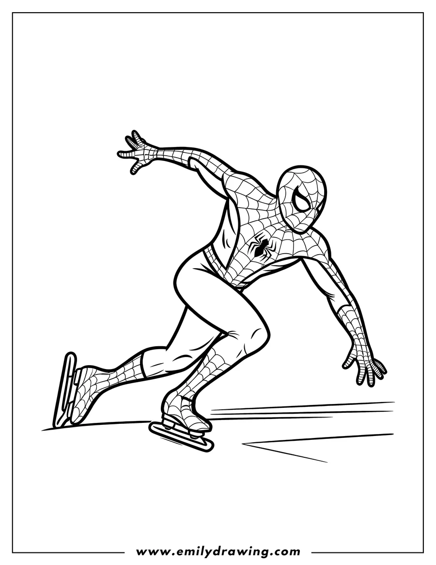 Outline of Spider-Man ice skating. He is wearing his suit and leaning forward as he skates.