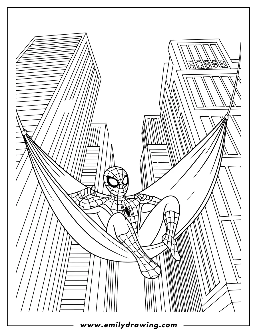 Outline of Spider-Man relaxing in a hammock strung between skyscrapers.