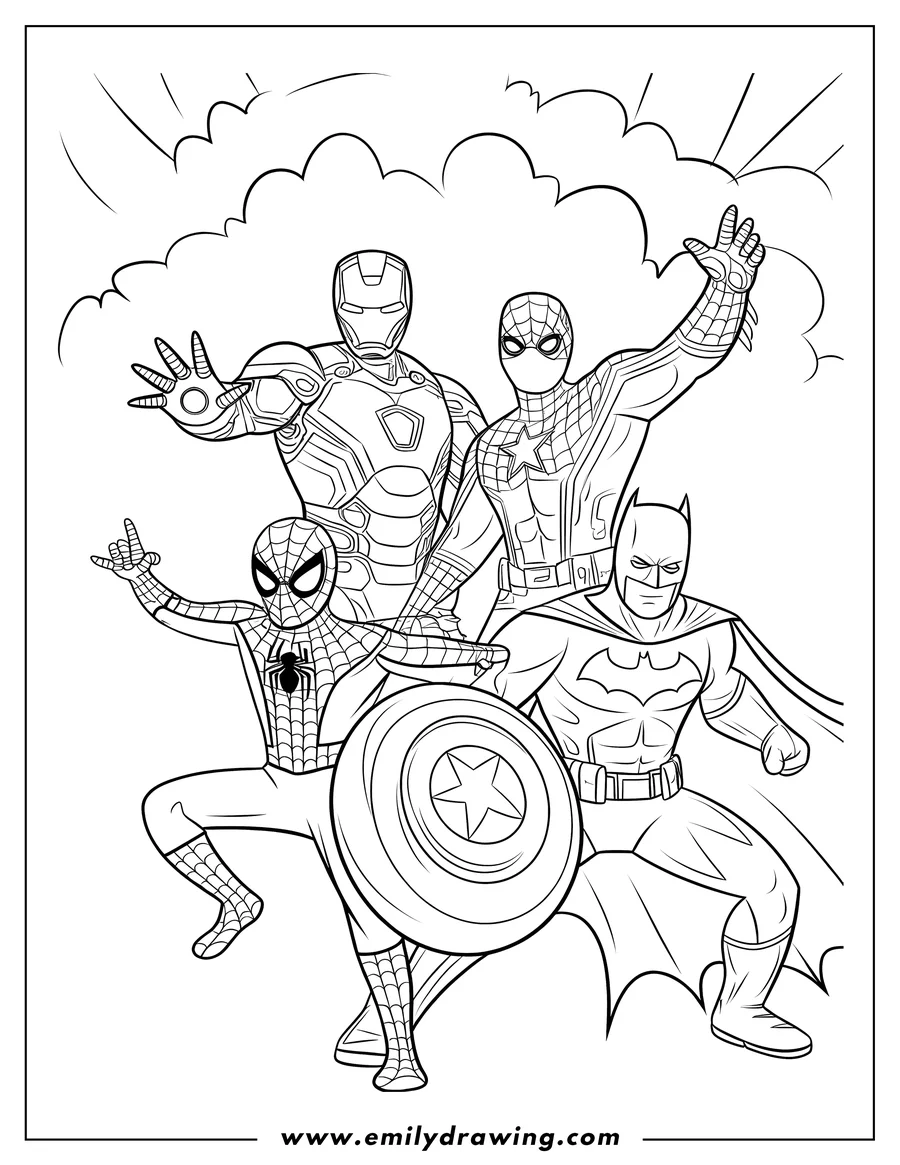 Line art of Spider-Man, Iron Man, Batman, and Captain America ready for action.