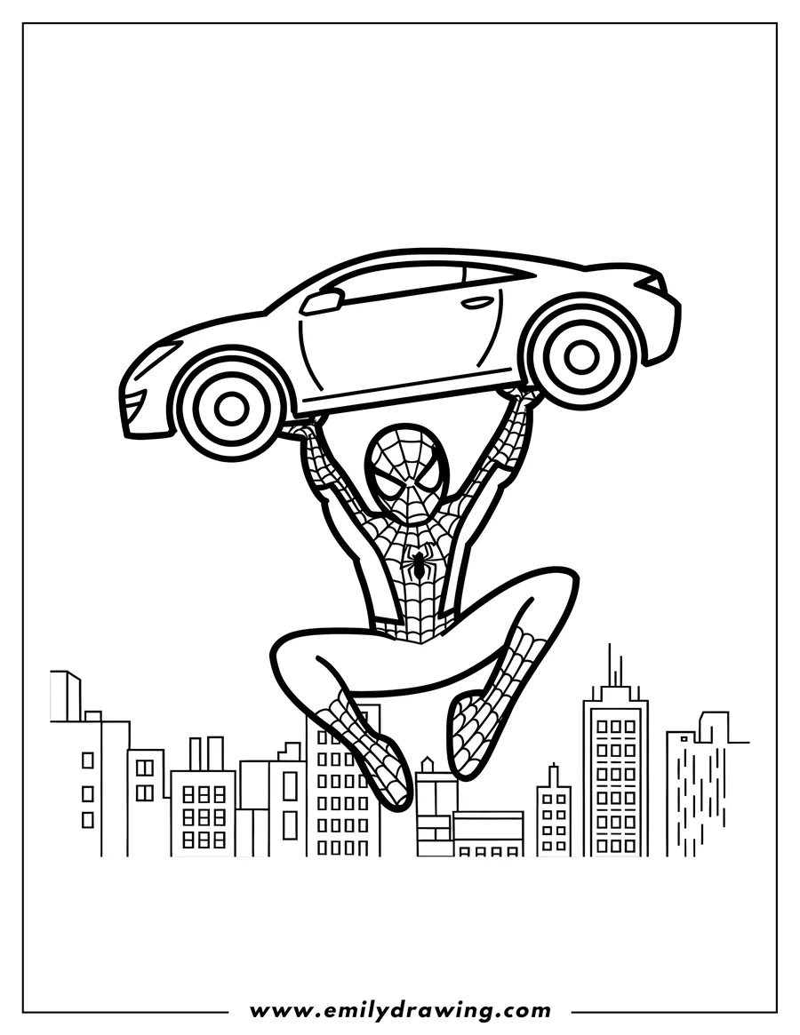 Line art of Spider-Man lifting a car above a cityscape.