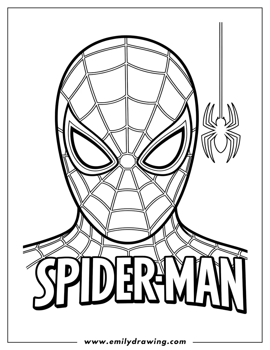 Line art of Spider-Man's mask with a small spider hanging from a web.