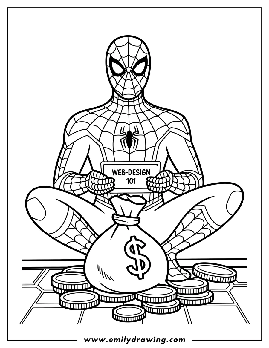 Line art of Spider-Man sitting with a bag of money and coins scattered around him.