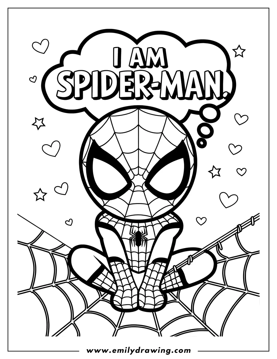 Outline of Spider-Man sitting on a web with a thought bubble saying