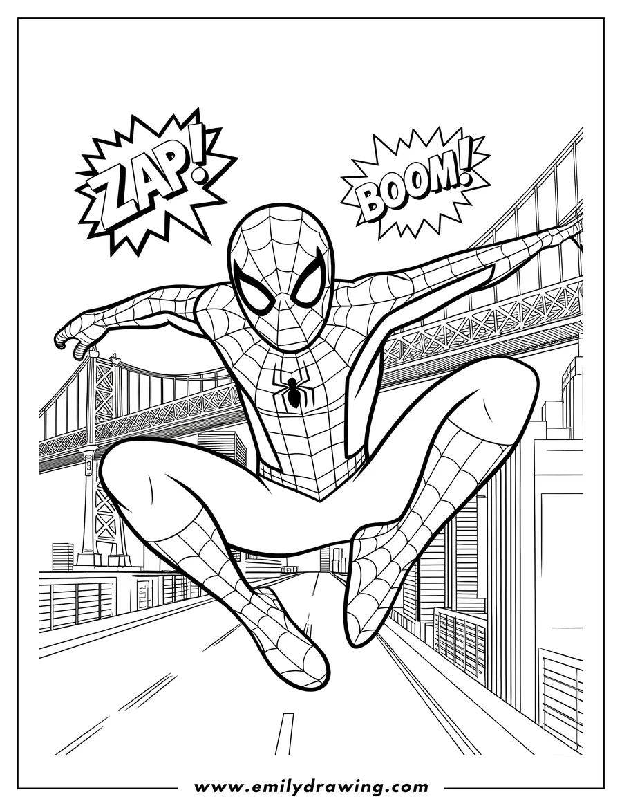 Line art of Spider-Man leaping over a city with a bridge in the background.