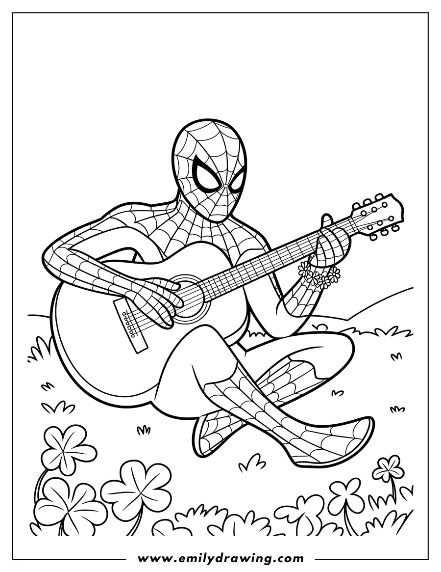 Line art of Spider-Man sitting and playing a guitar in a patch of clovers.