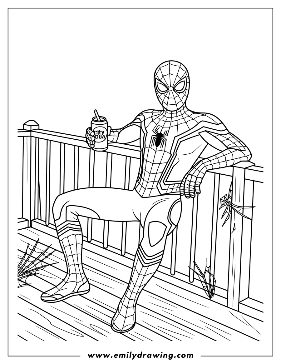 Outline of Spider-Man sitting on a porch, holding a soda can. Spiderwebs decorate the railings.