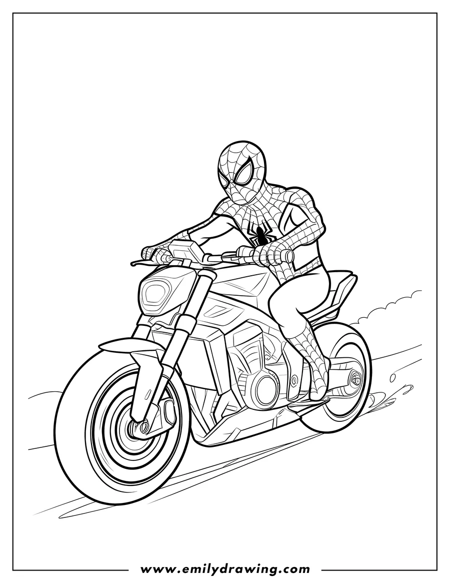 Line art of Spider-Man riding a motorcycle.