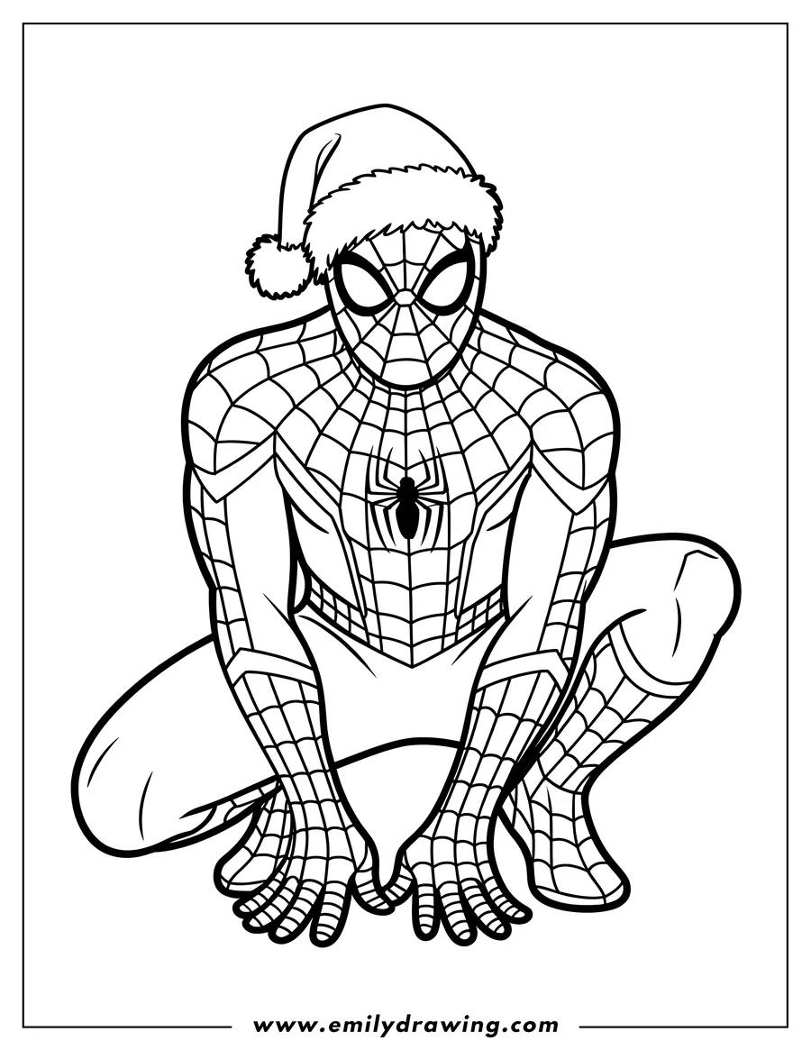 Line art of Spider-Man wearing a Santa Claus hat, crouched in a superhero pose.