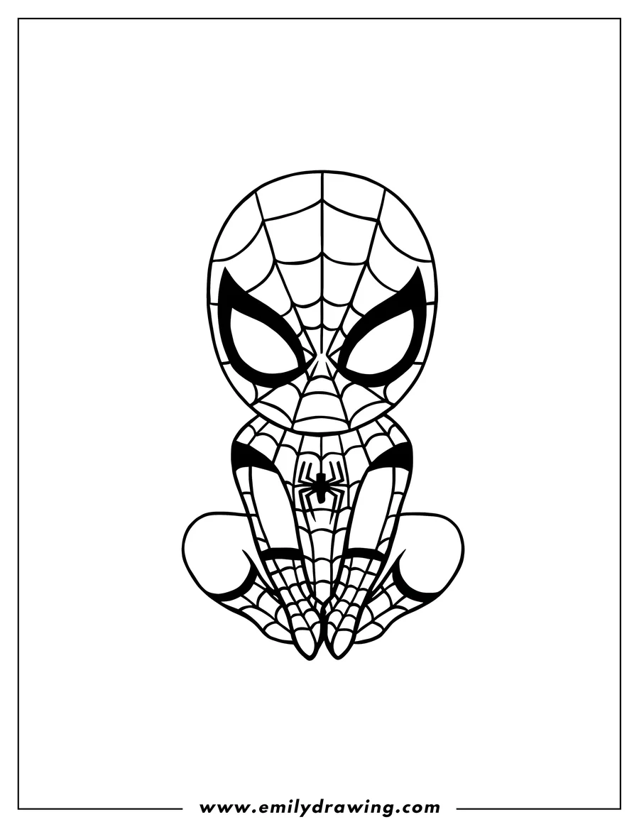 Outline of Spider-Man sitting with his legs crossed and a small spider on his suit