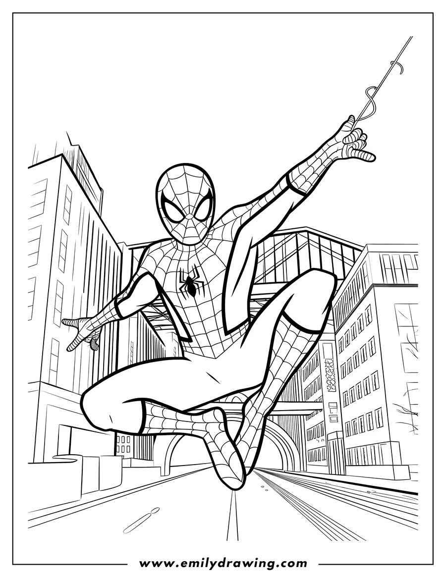 Line art of Spider-Man swinging through the city using his web, soaring above buildings and streets.