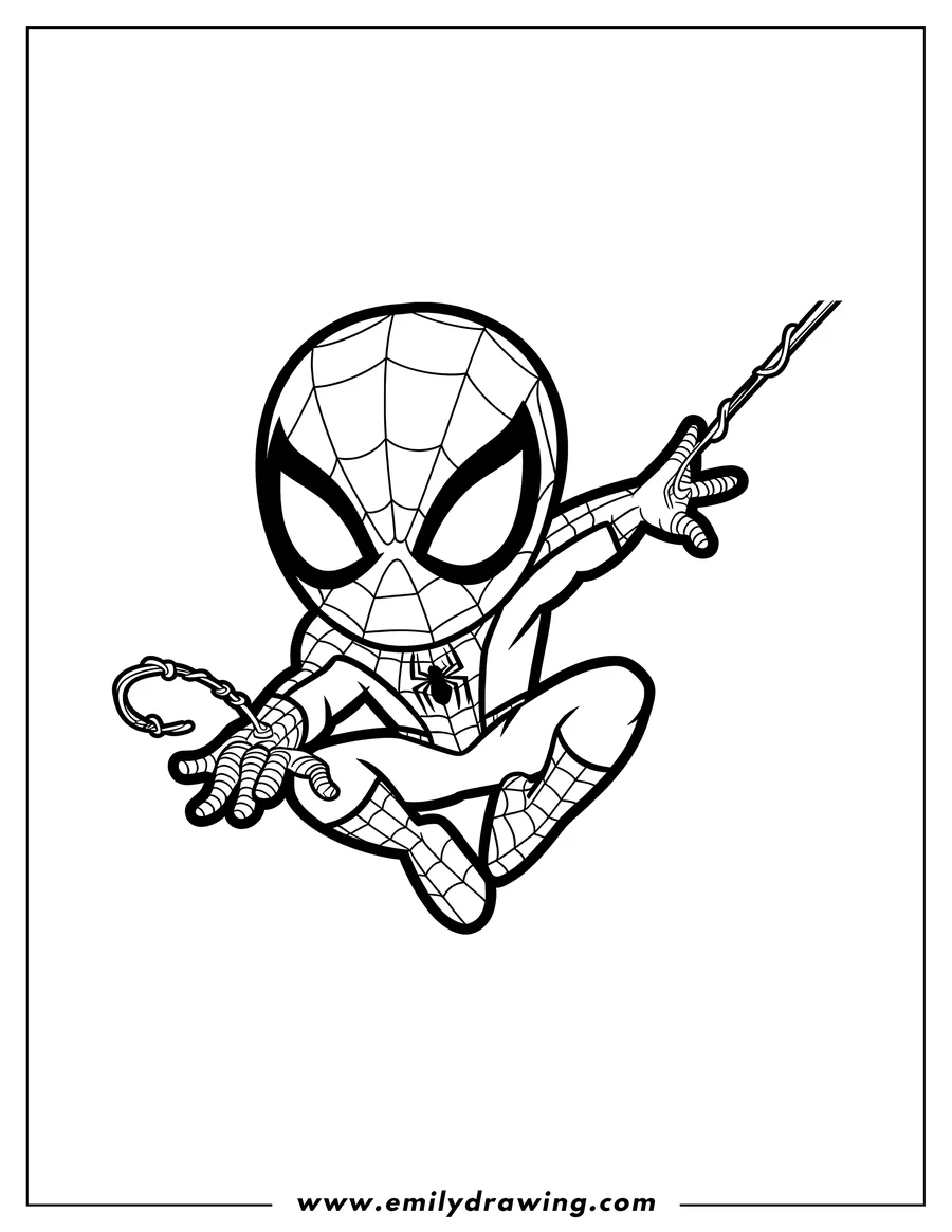 Outline of Spider-Man swinging from a web.