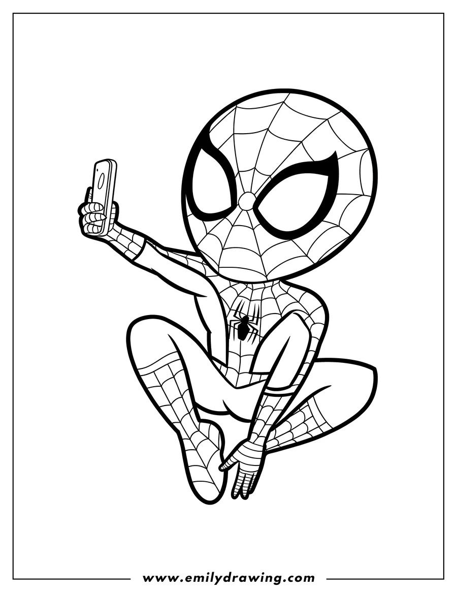 Outline of Spider-Man taking a selfie with a cell phone. He is crouched in the air.