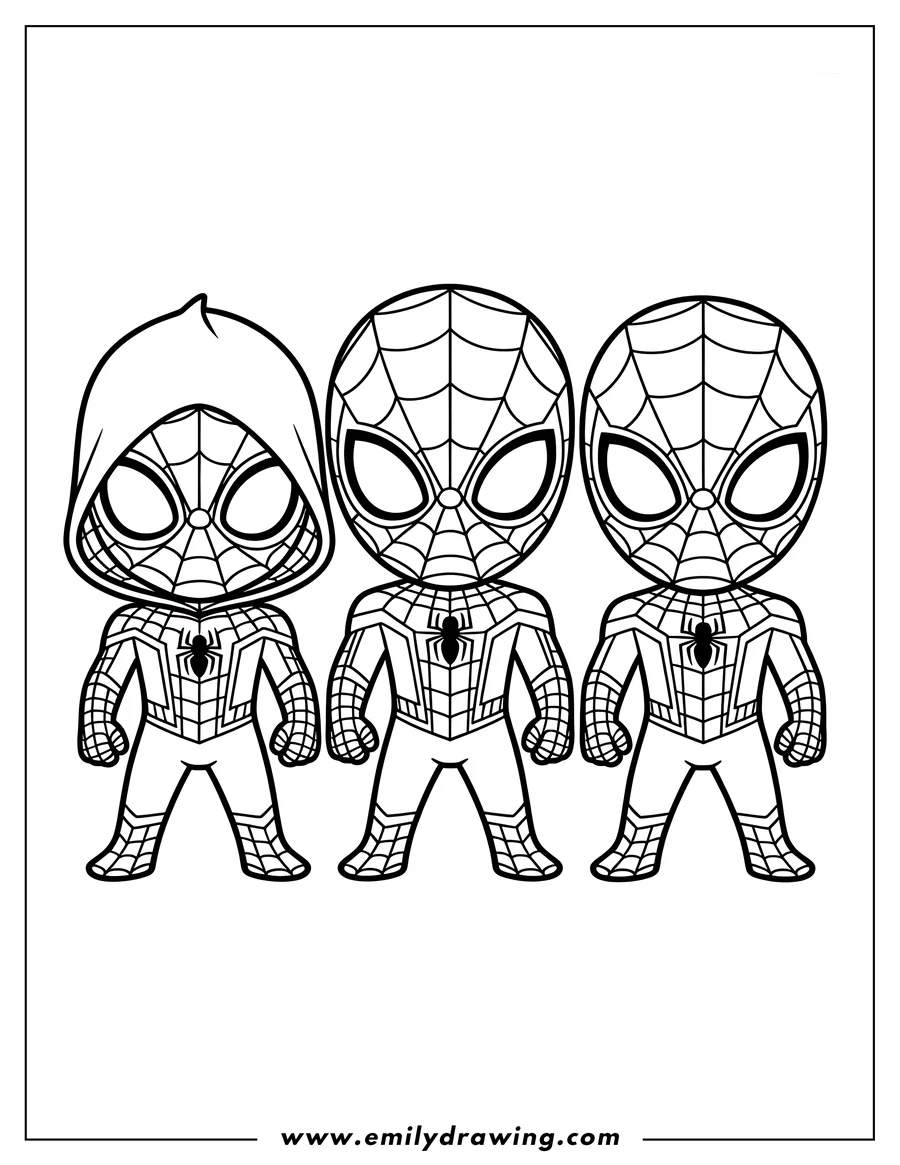 Line art of three Spider-Man figures. One wears a hood, while the others have classic Spider-Man suits. All three stand ready for action.