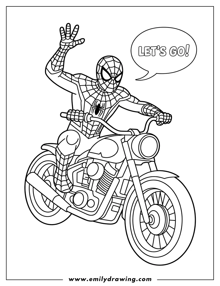 Outline of Spider-Man waving while riding a motorcycle.