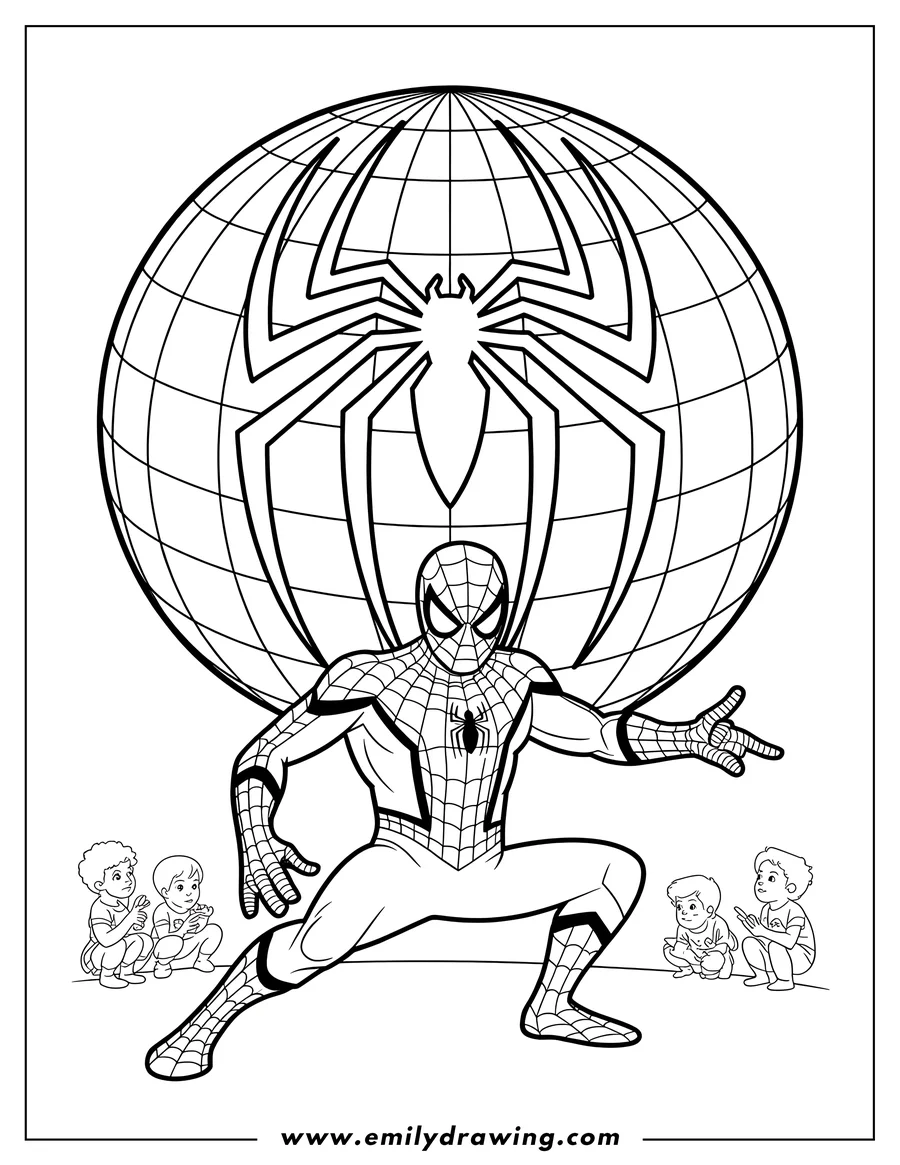 Line art of Spider-Man in his classic suit, posing dynamically with a large globe featuring a spider-web design behind him. Two children sit on the ground, looking up at him in admiration.