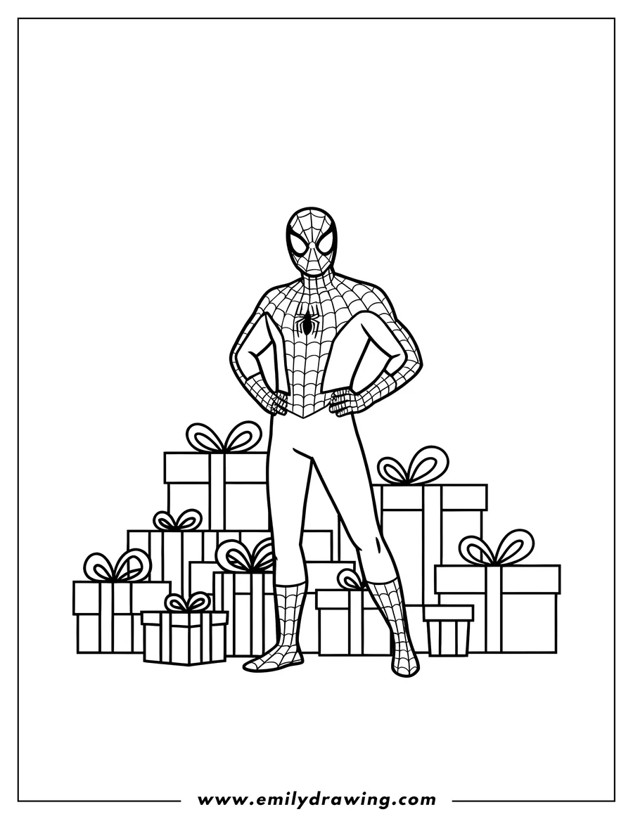 Line art of Spider-Man standing with his hands on his hips in front of a pile of presents.
