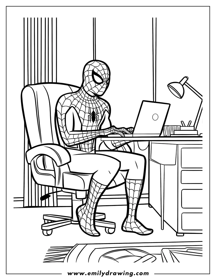 Line art of Spider-Man sitting at his desk, working on a laptop. A desk lamp and stationery are visible on the desk. He appears focused on his task.