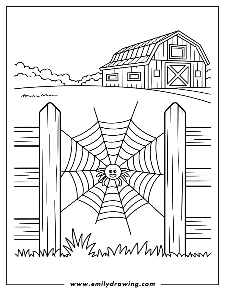Outline of a spider with a web on a wooden fence near a barn.