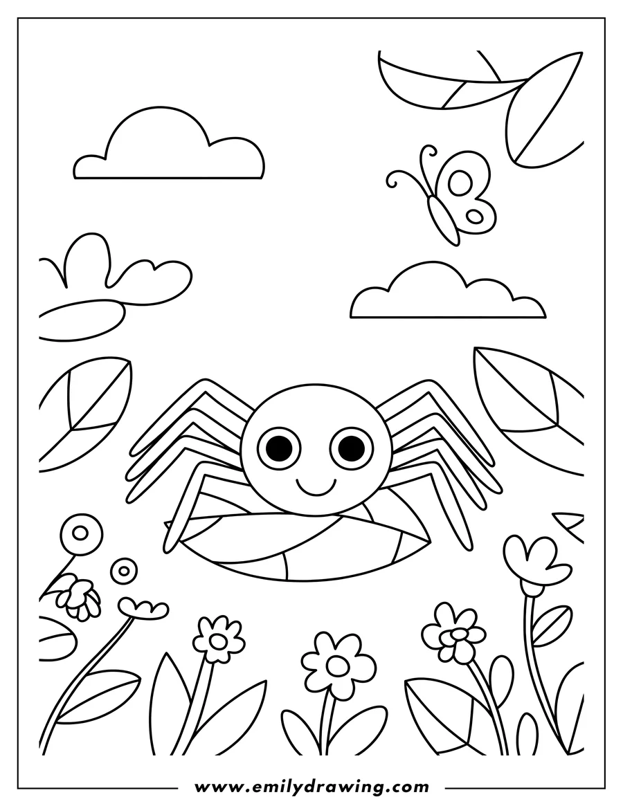 Outline of a spider resting on a leaf, with flowers and butterflies in the background.