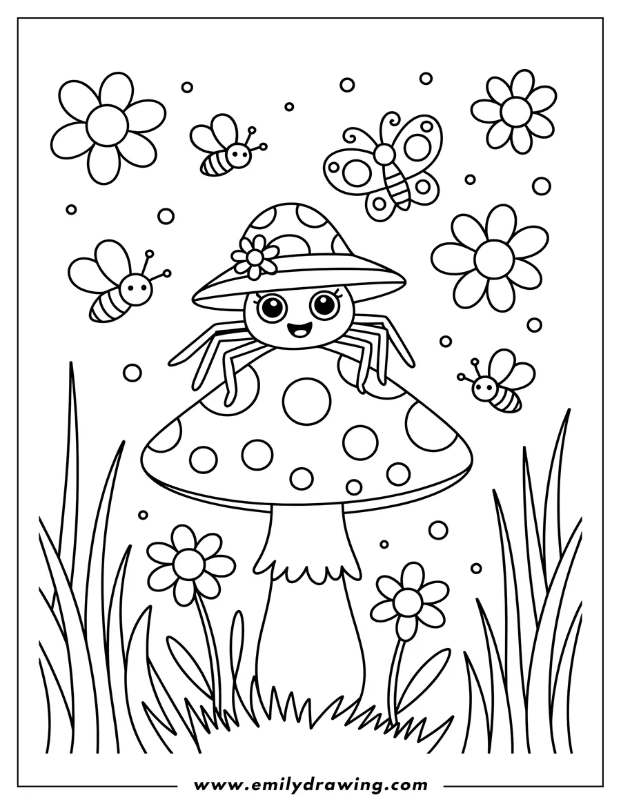 Outline of a spider sitting on a large spotted mushroom wearing a mushroom cap. Bees, a butterfly, and flowers surround the spider.