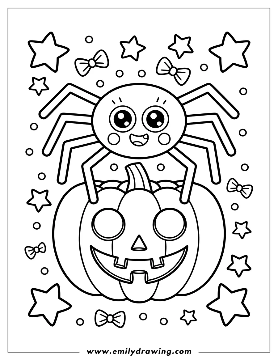 Line art of a cute spider sitting on top of a carved pumpkin, surrounded by small stars and bows.