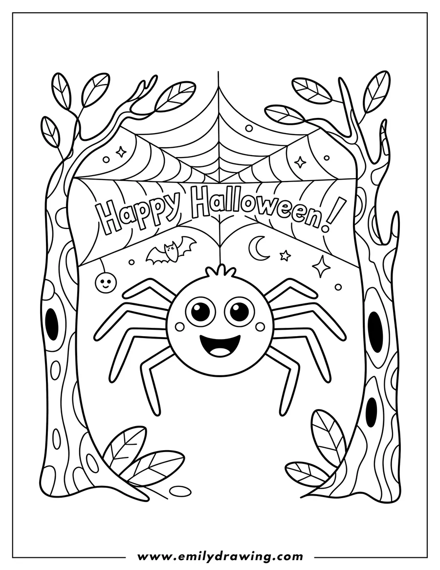 Line art of a spider on a spider web between two stylized trees, with a 'Happy Halloween' banner, a bat, moon, and stars.
