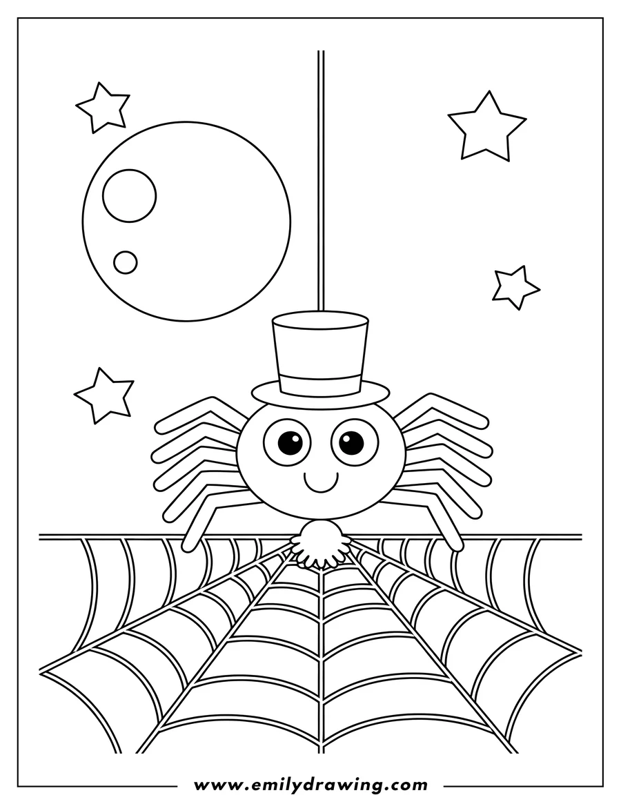 Outline of a smiling spider hanging on its web, wearing a top hat, with the moon and stars in the background.