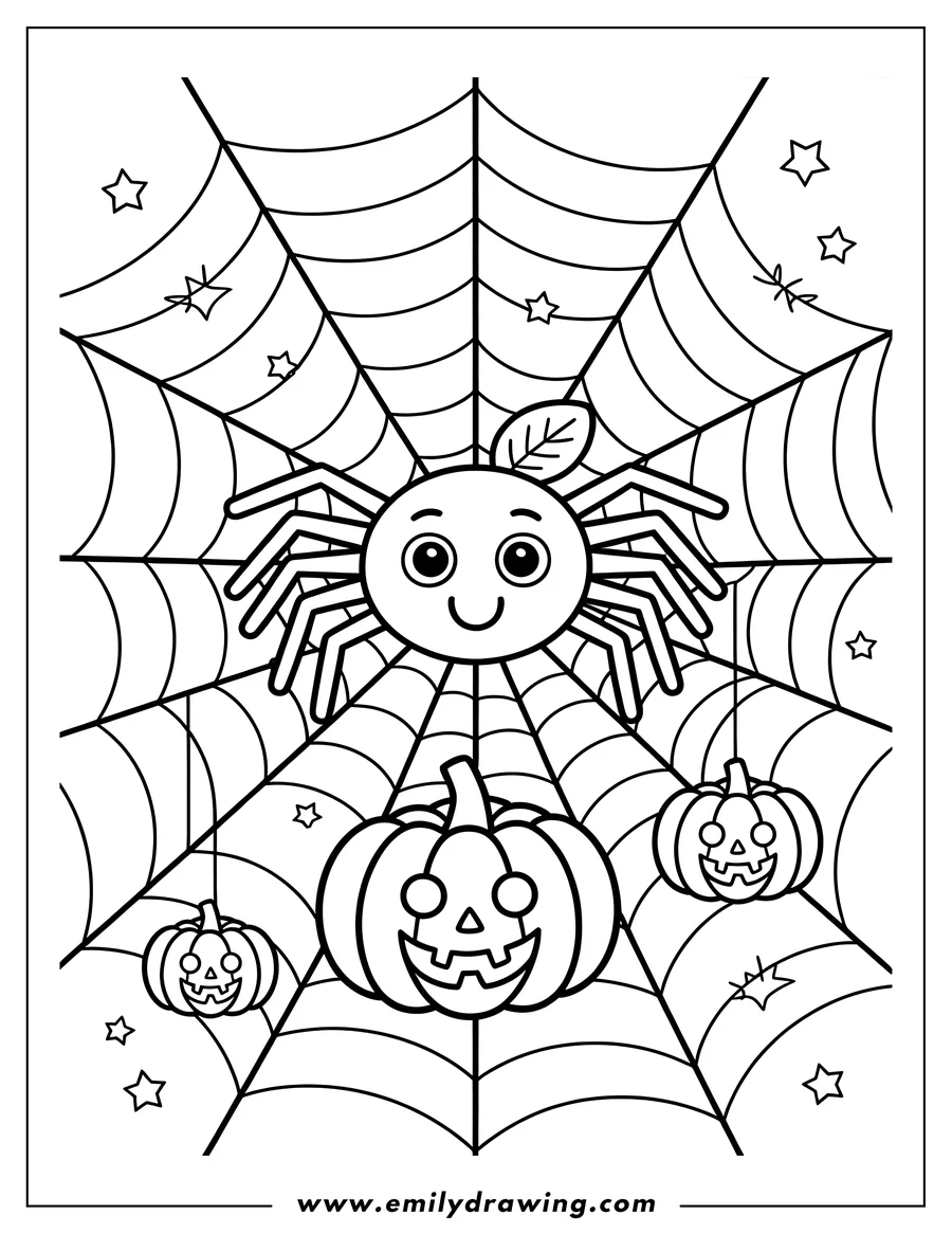 Line art of a smiling spider on its web with three pumpkins hanging from the threads. Small stars and a leaf decorate the scene.