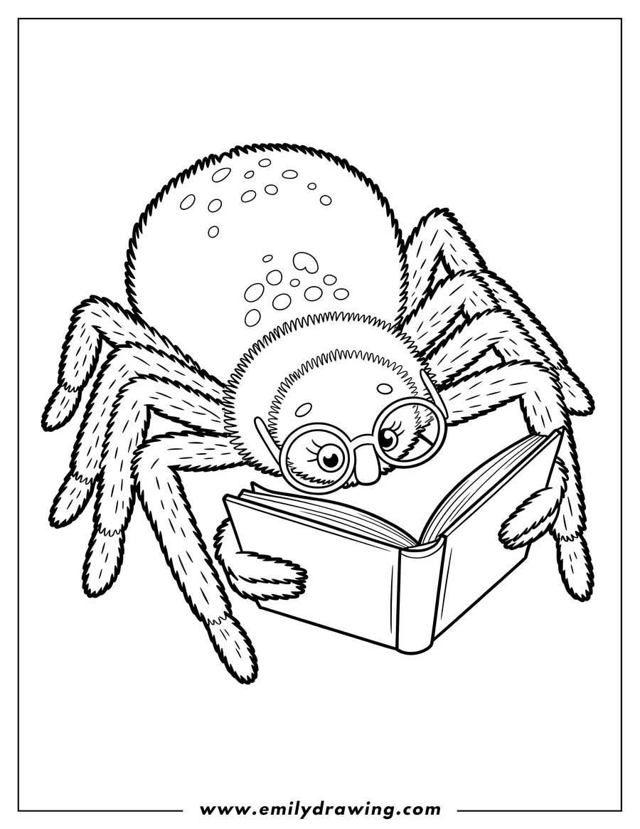 Line art of a spider wearing glasses and reading a book.