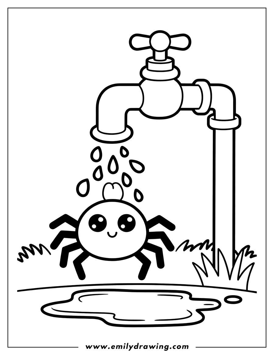 Outline of a cute spider standing under a dripping faucet, with a small puddle forming on the ground beside some grass.