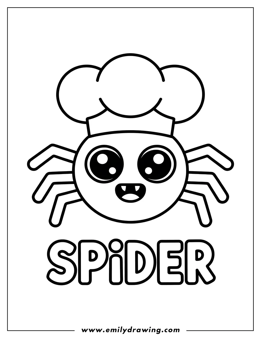 Line art of a spider wearing a chef's hat. It has large eyes and a happy expression.