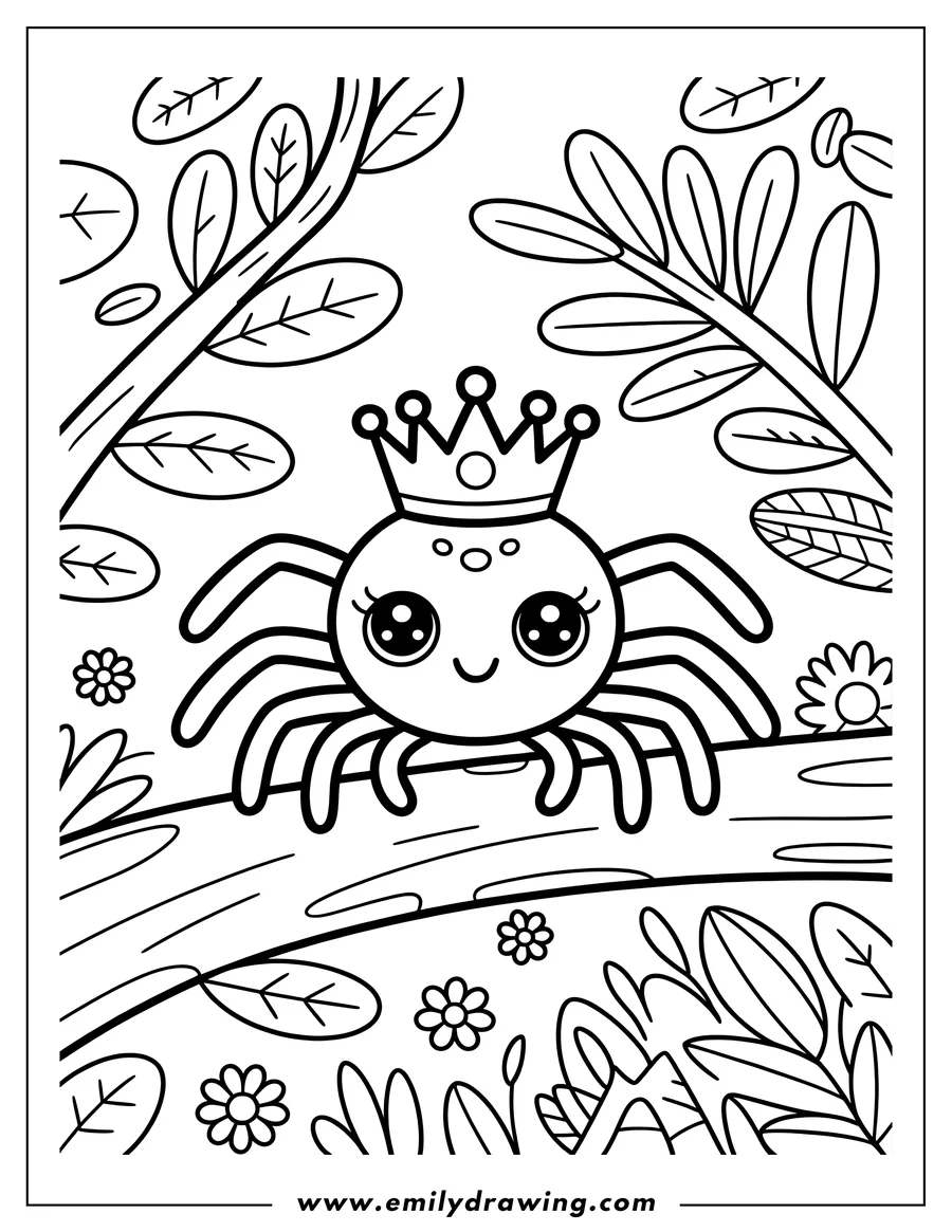 Outline of a cute spider wearing a crown, sitting on a tree branch in a garden setting with leaves and flowers.