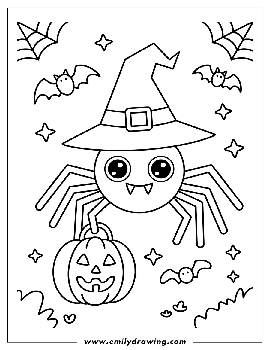 Outline of a spider wearing a witch hat and holding a jack-o'-lantern, with bats and spiderwebs in the background.