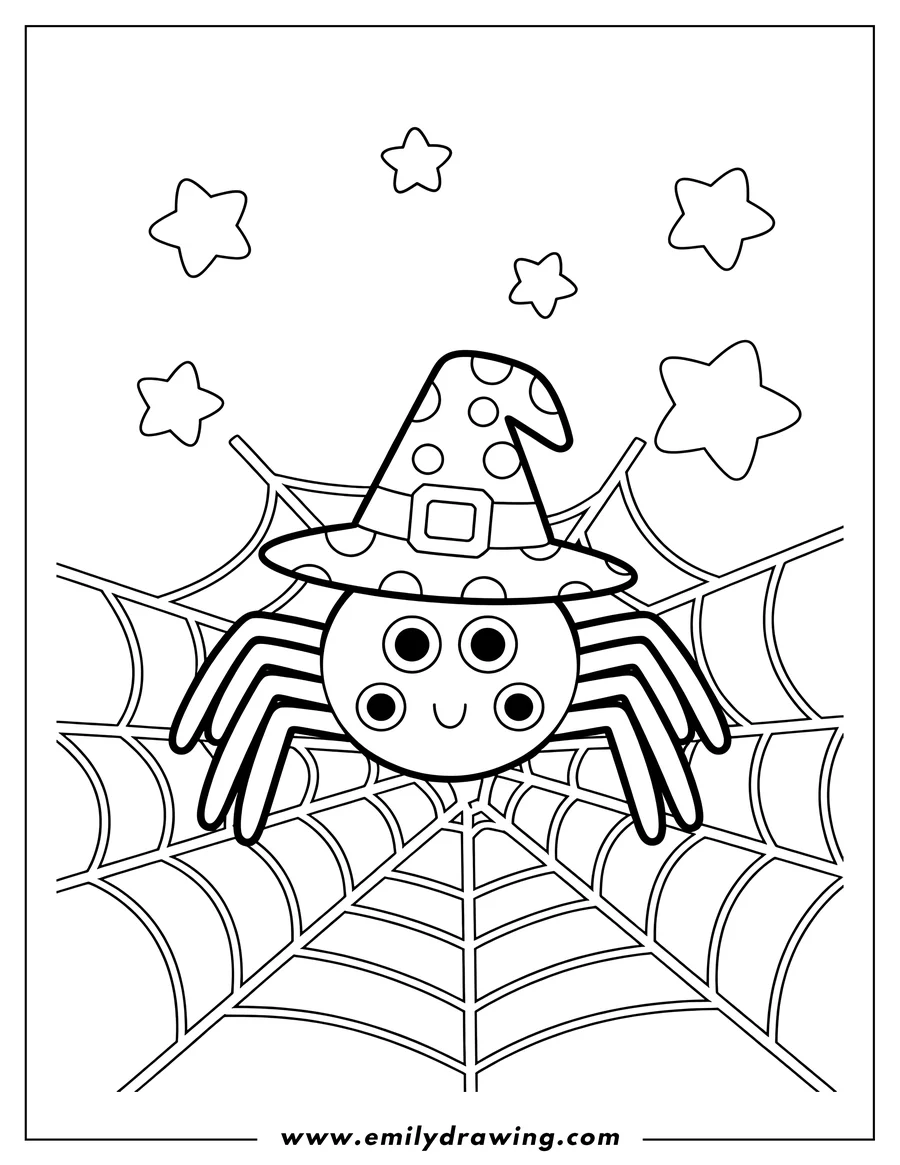 Outline of a friendly spider wearing a witch hat sitting on its web with stars in the background.