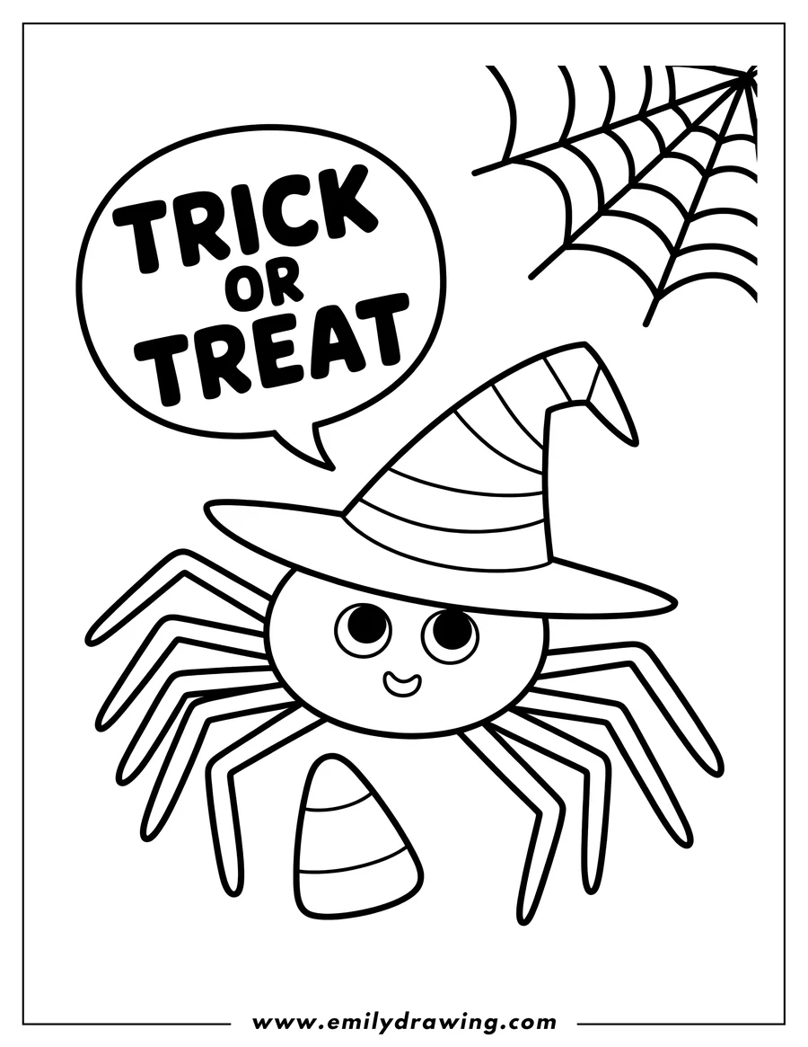 Line art of a spider wearing a witch's hat and holding a piece of candy corn. A spiderweb and a speech bubble saying