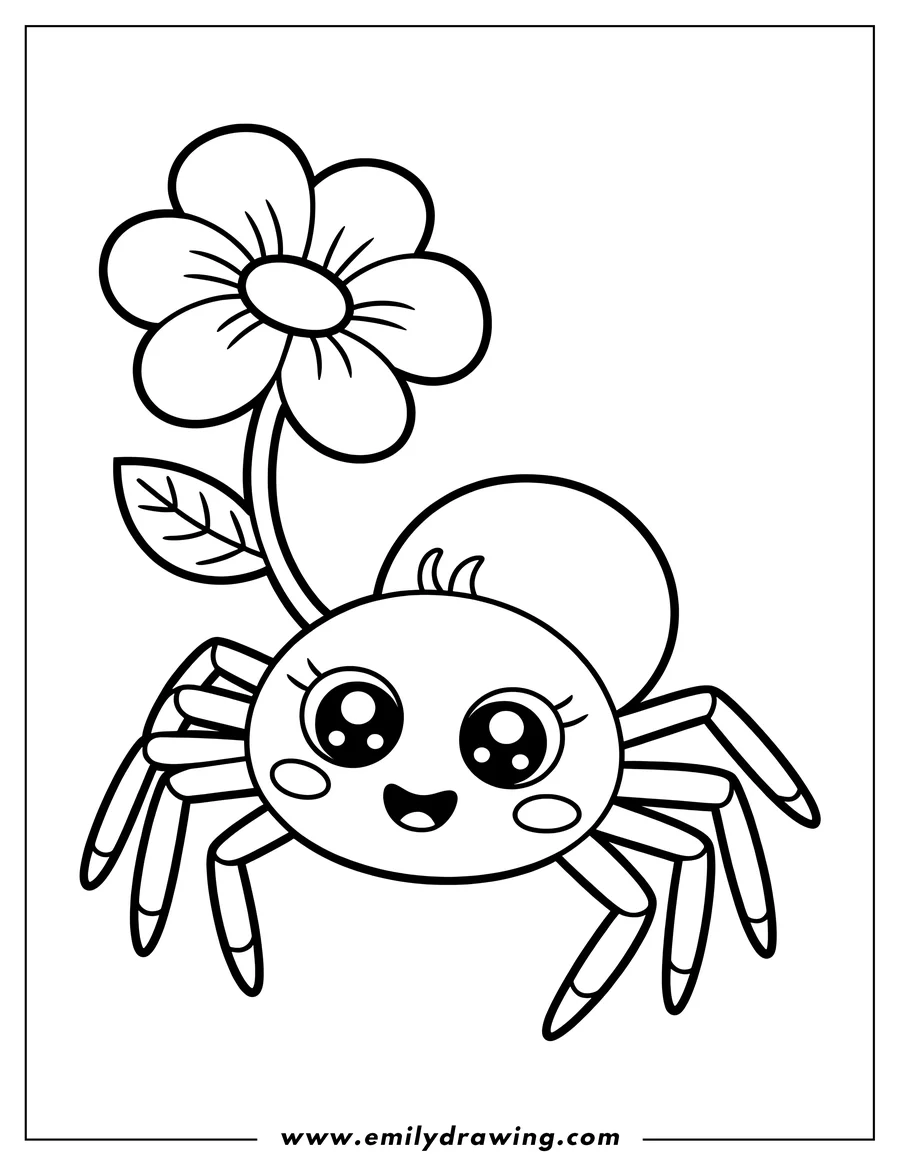 Outline of a smiling spider holding a five-petaled flower with a leaf.