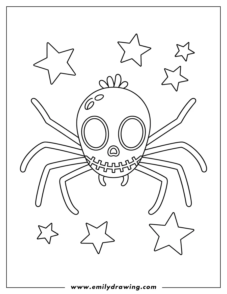 Outline of a spider with a skull head, surrounded by stars.