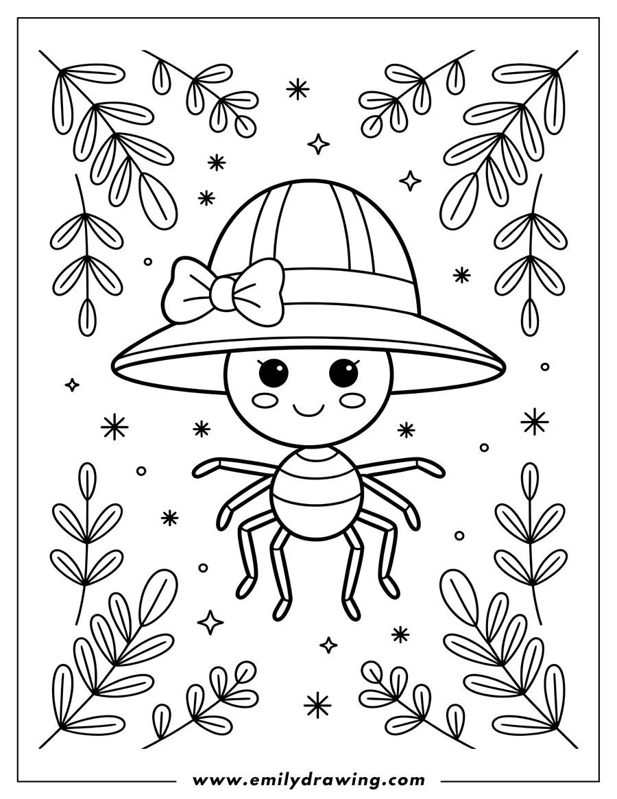 Outline of a spider wearing a large sun hat with a bow. The spider has a cute, simple face and eight legs. It is surrounded by leaves and snowflake decorations.