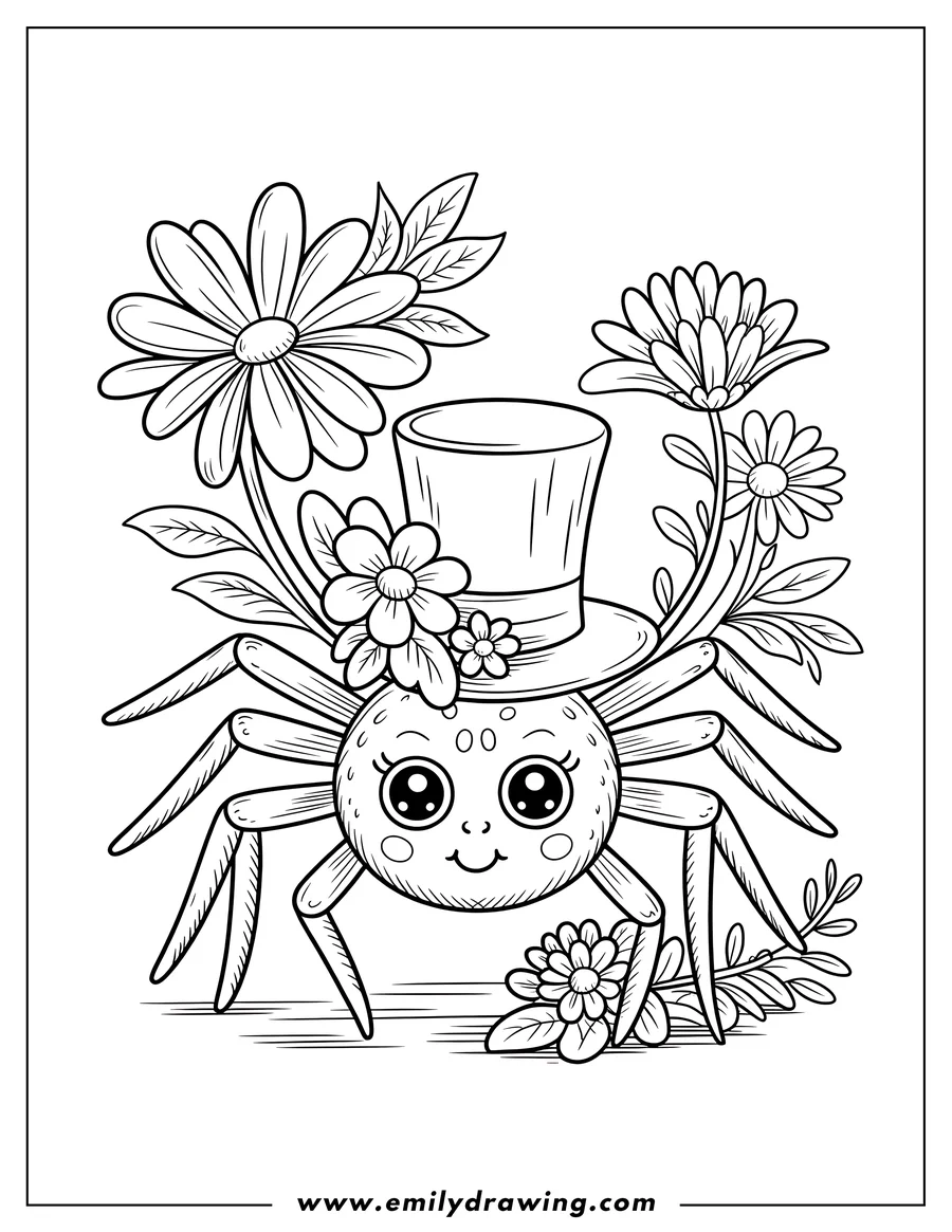 Line art of a spider wearing a top hat decorated with flowers.