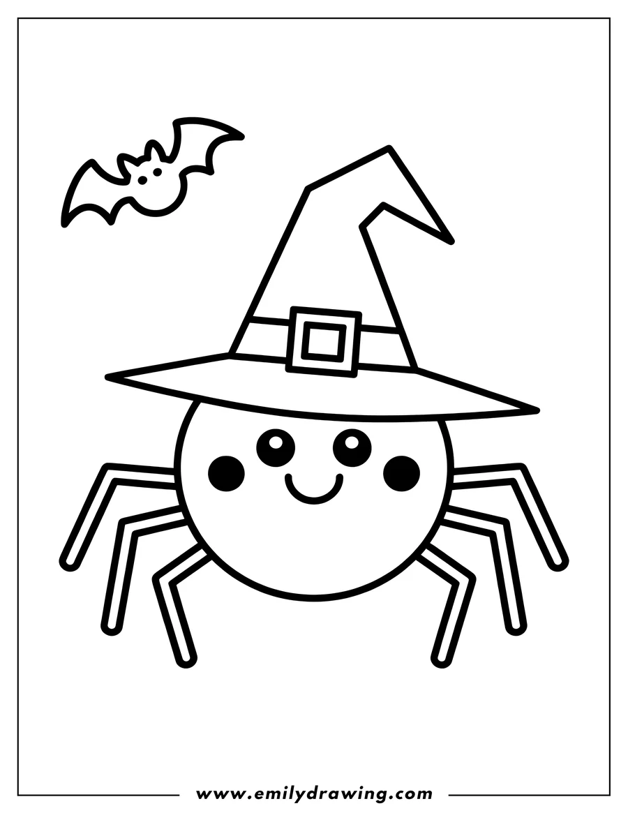 Outline of a smiling spider wearing a witch hat with a friendly bat flying nearby.