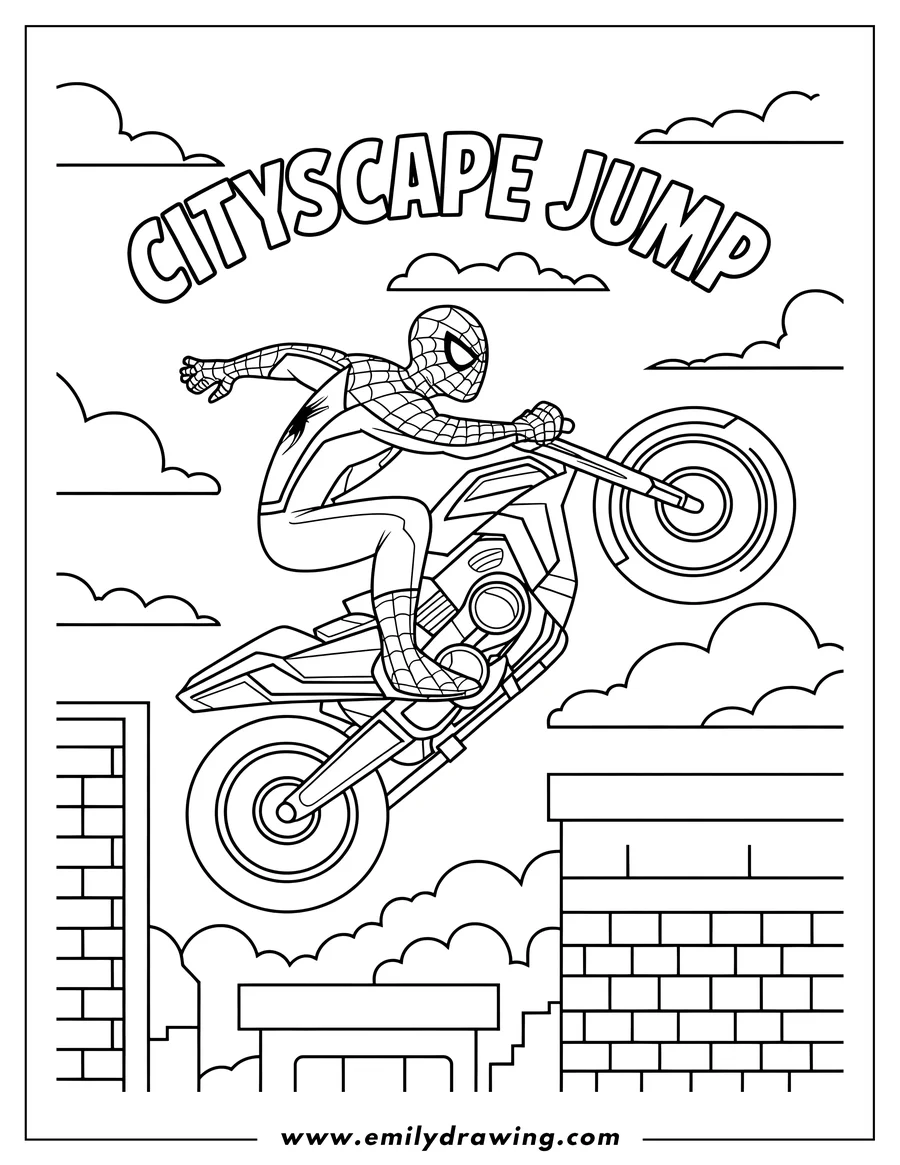 Outline of Spider-Man jumping a futuristic motorcycle high above city buildings.
