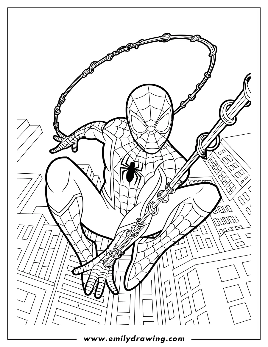 Line art of Spider-Man swinging through the air with his web, high above the city buildings.